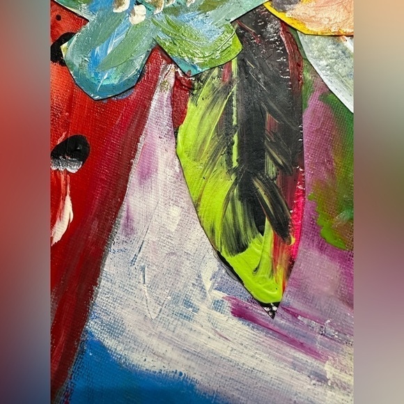 Original Art Painting Mixed Media Acrylic Collage on Canvas Board Red Floral - Picture 6 of 12
